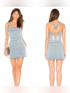 Light Wash Denim Pinafore Mini Dress with Frayed Waist